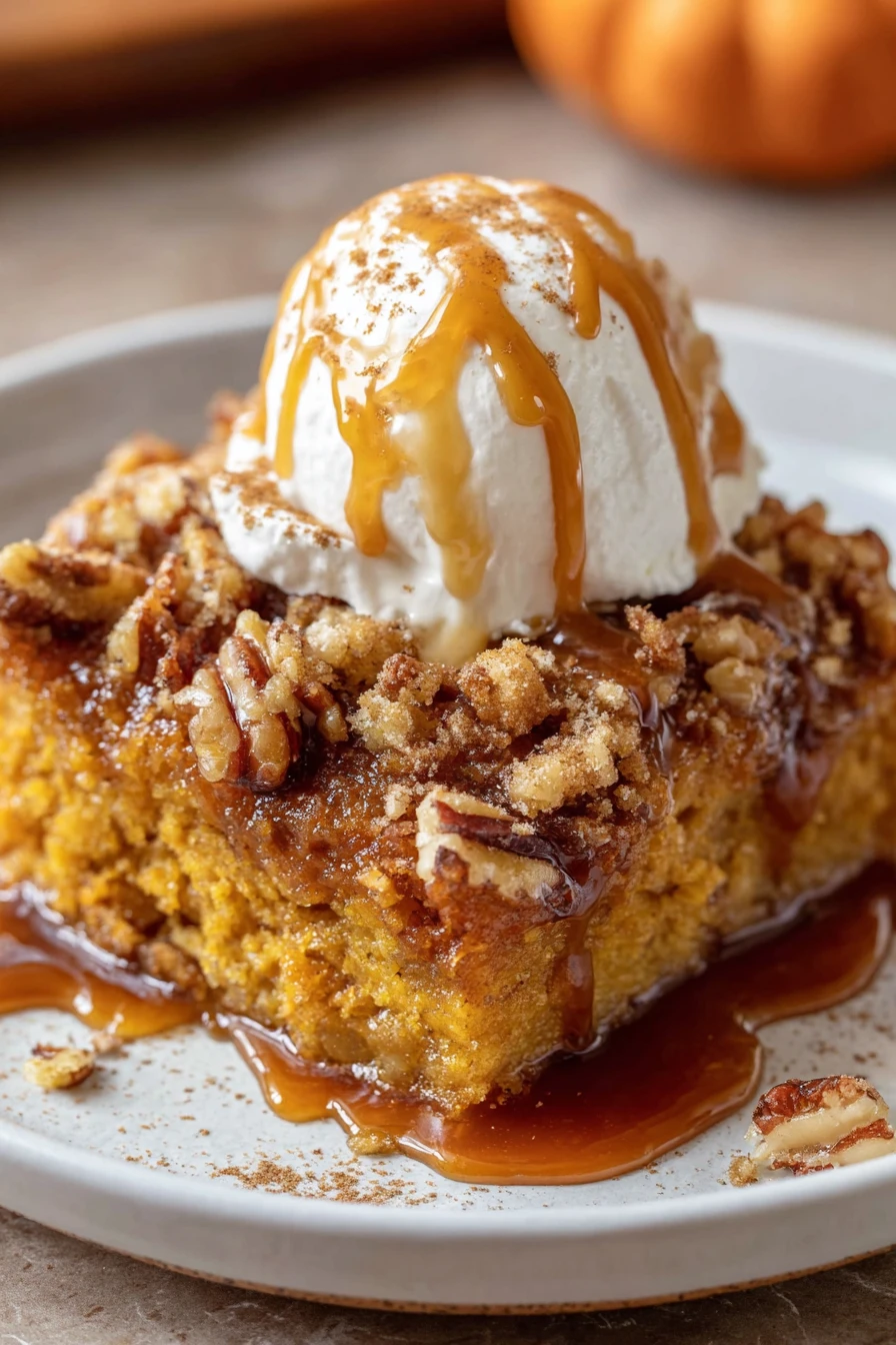 pumpkin dump cake recipe, delicious fall dessert, moist, spiced, easy to make