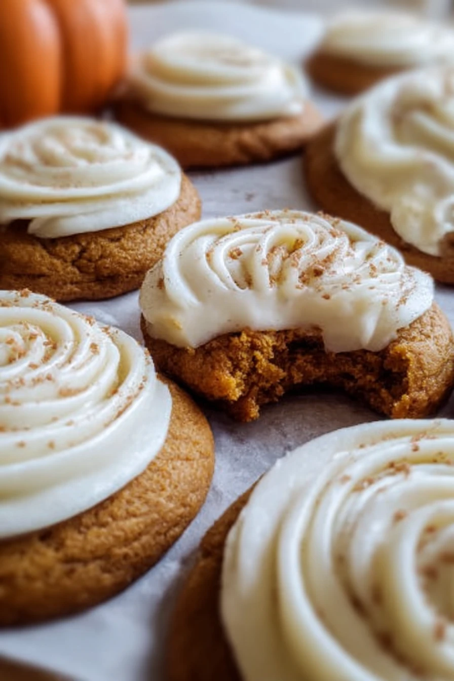 pumpkin sugar cookies, cream cheese frosting, fall dessert, delicious, creamy swirls, autumn flavors