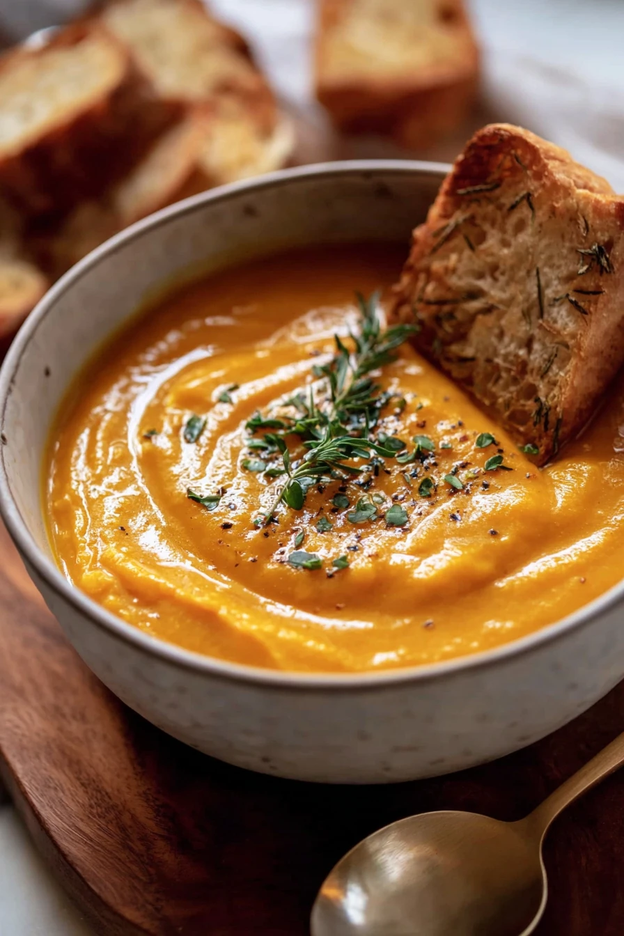 roasted kabocha squash soup, savory, creamy, fall flavors, comforting bowl