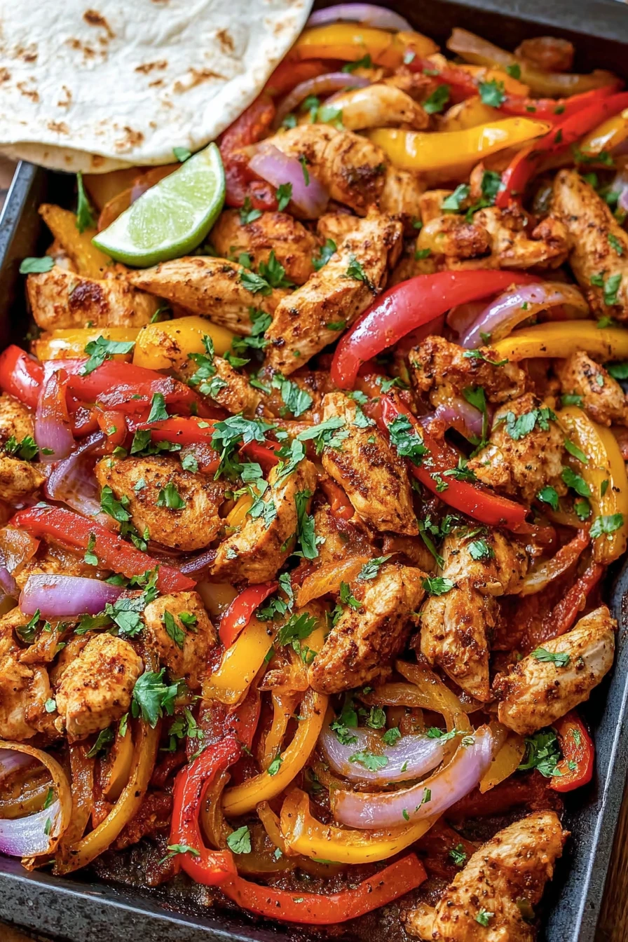 sheet pan, chicken fajitas, sizzling, colorful, delicious, peppers, onions