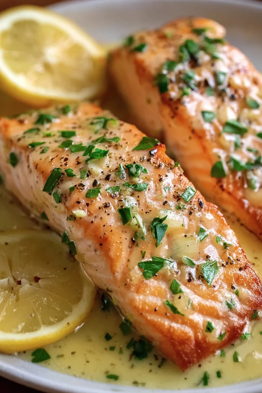 salmon, garlic lemon butter sauce, savory, flavorful, succulent, delicious, gourmet