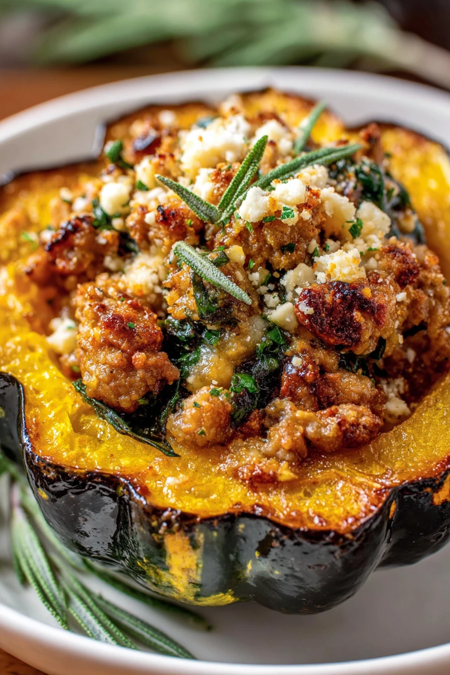 sausage-stuffed acorn squash, savory, hearty, fall flavors, delicious, comforting, seasonal, flavorful
