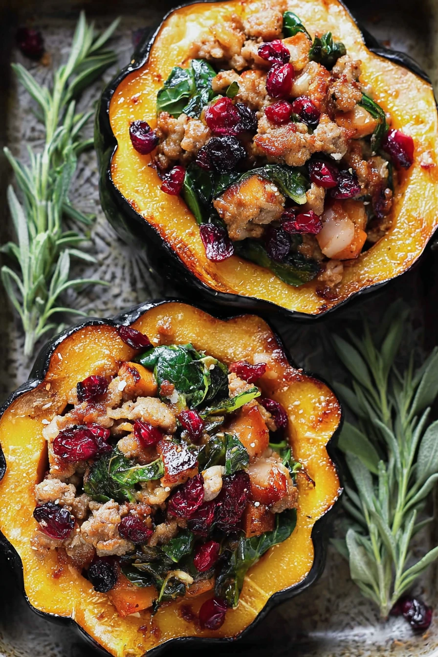 sausage stuffed acorn squash, savory, hearty, fall flavors, delicious, roasted, comforting