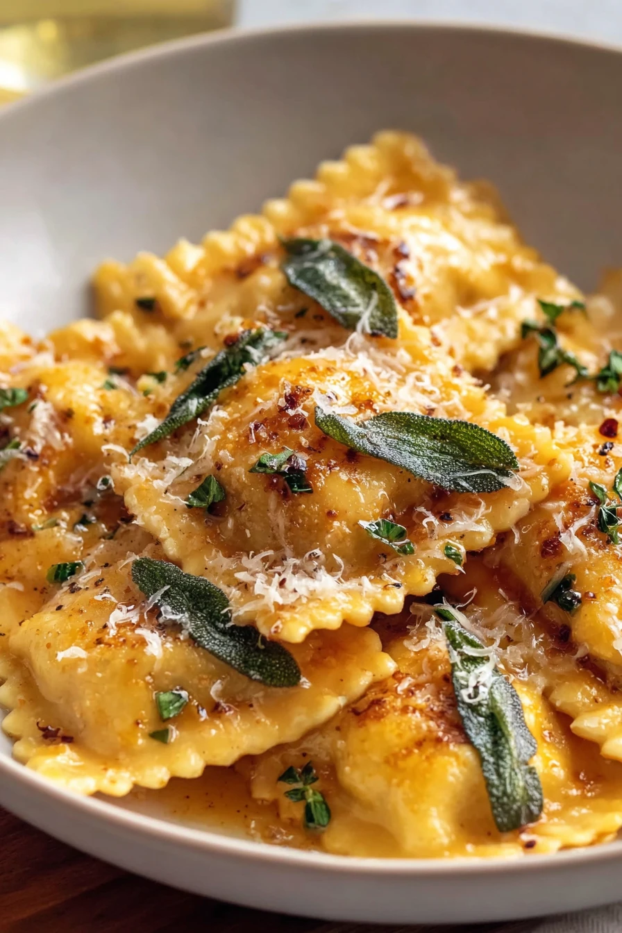 butternut squash ravioli, savory, brown butter sage sauce, delicious, aromatic, homemade, gourmet