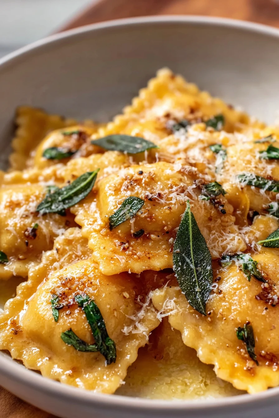 butternut squash ravioli, savory, brown butter sage sauce, delicious, aromatic, homemade, gourmet