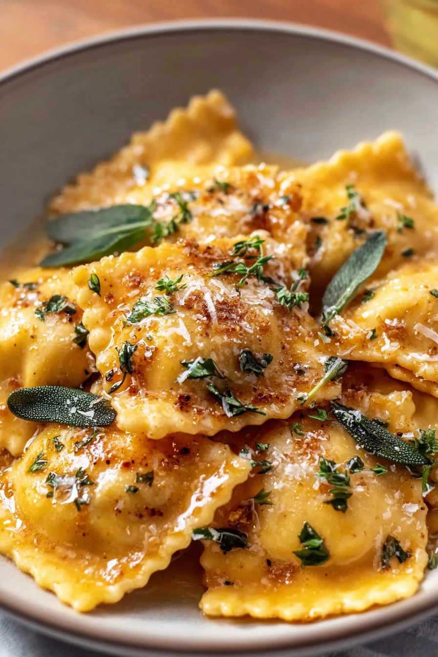 butternut squash ravioli, savory, brown butter sage sauce, delicious, aromatic, homemade, gourmet