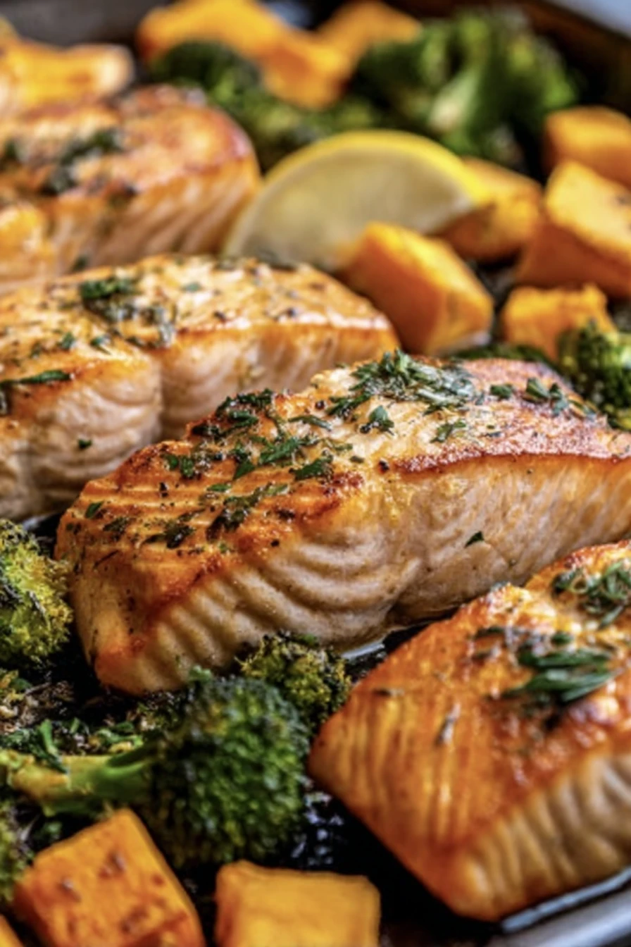 salmon, sweet potatoes, broccoli, sheet-pan, savory, roasted, flavorful, nutritious