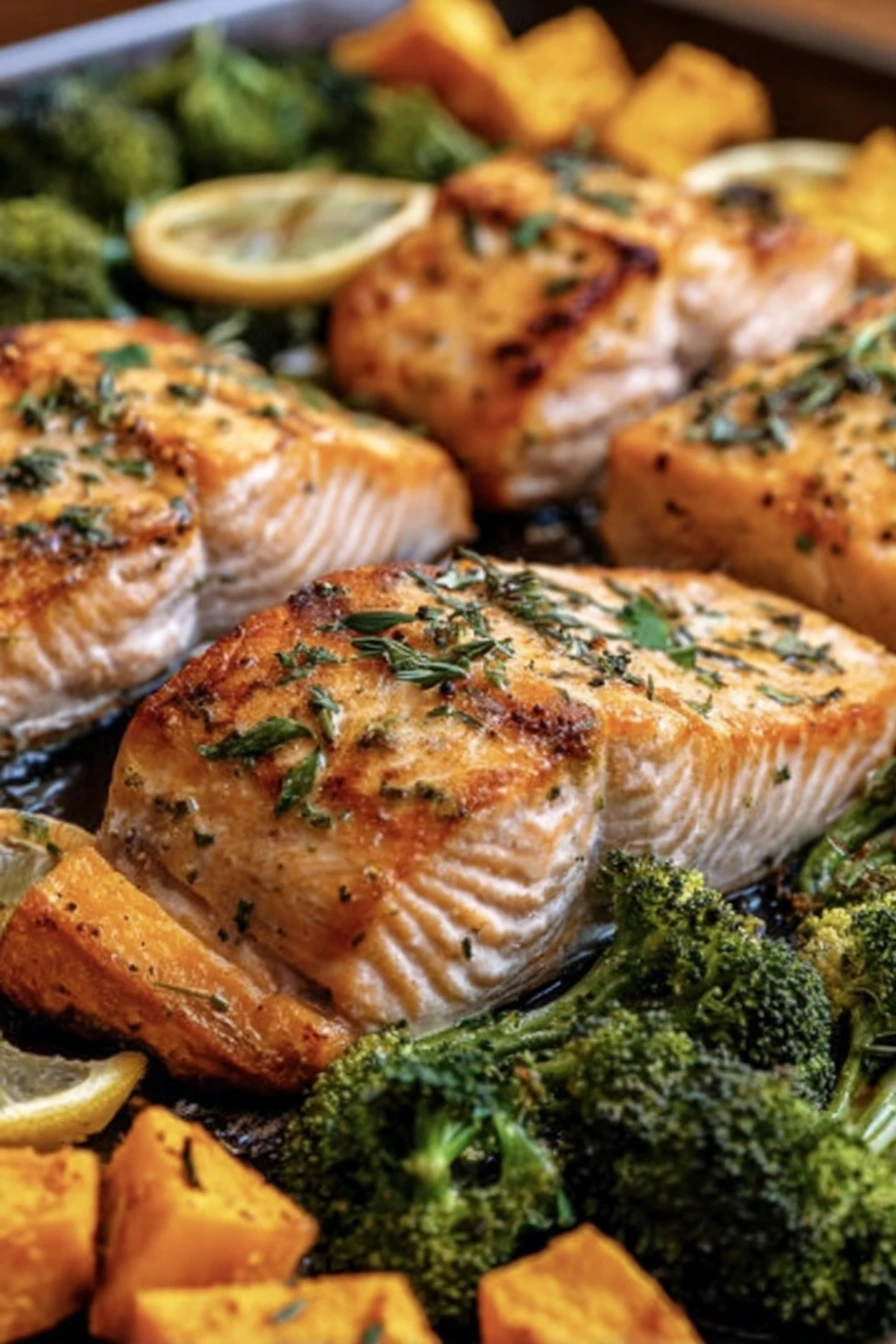 salmon, sweet potatoes, broccoli, sheet-pan, savory, roasted, flavorful, nutritious