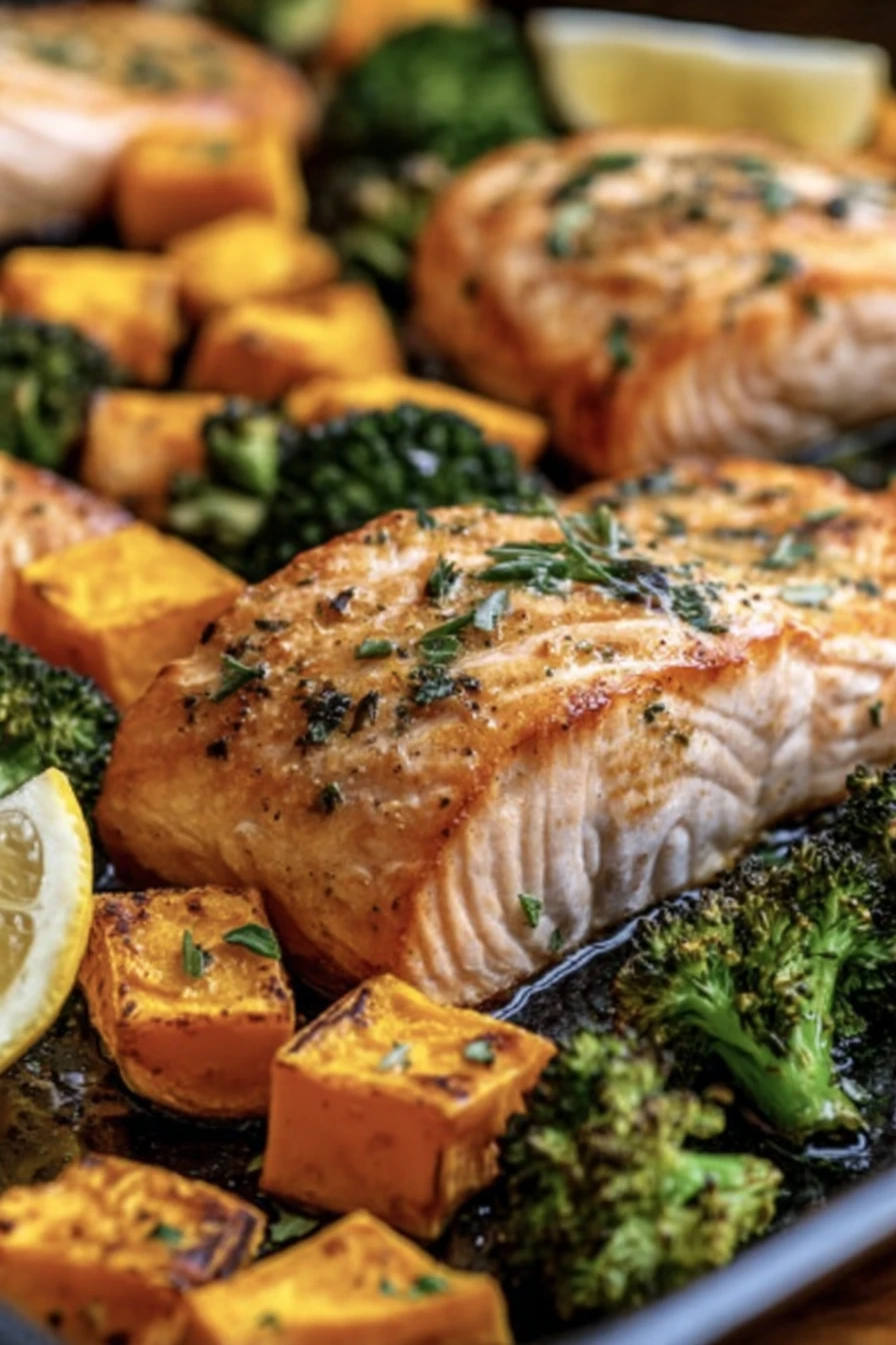salmon, sweet potatoes, broccoli, sheet-pan, savory, roasted, flavorful, nutritious
