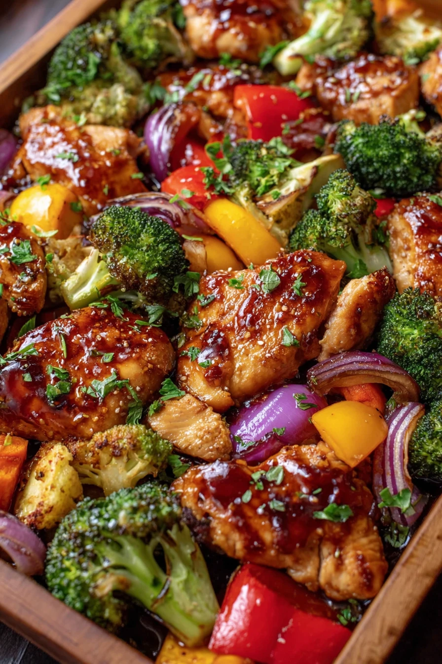teriyaki chicken, sheet pan meal, colorful veggies, savory, juicy, delicious, Asian-inspired flavors