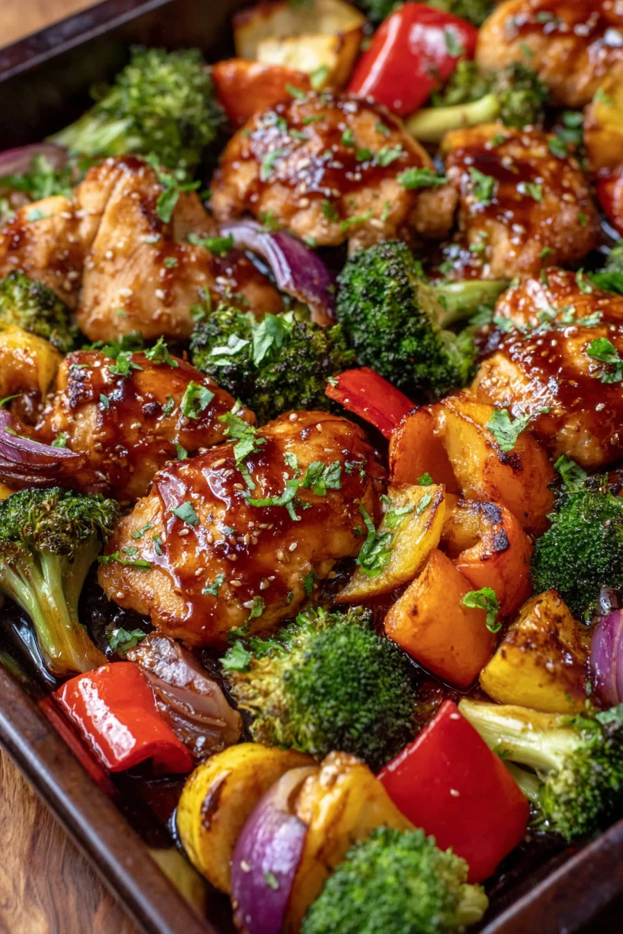 teriyaki chicken, sheet pan meal, colorful veggies, savory, juicy, delicious, Asian-inspired flavors