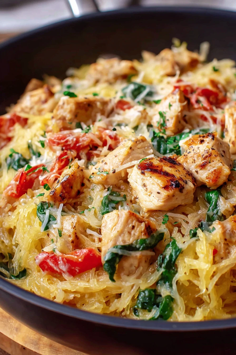 spaghetti squash, chicken, veggies, savory, colorful, healthy, delicious