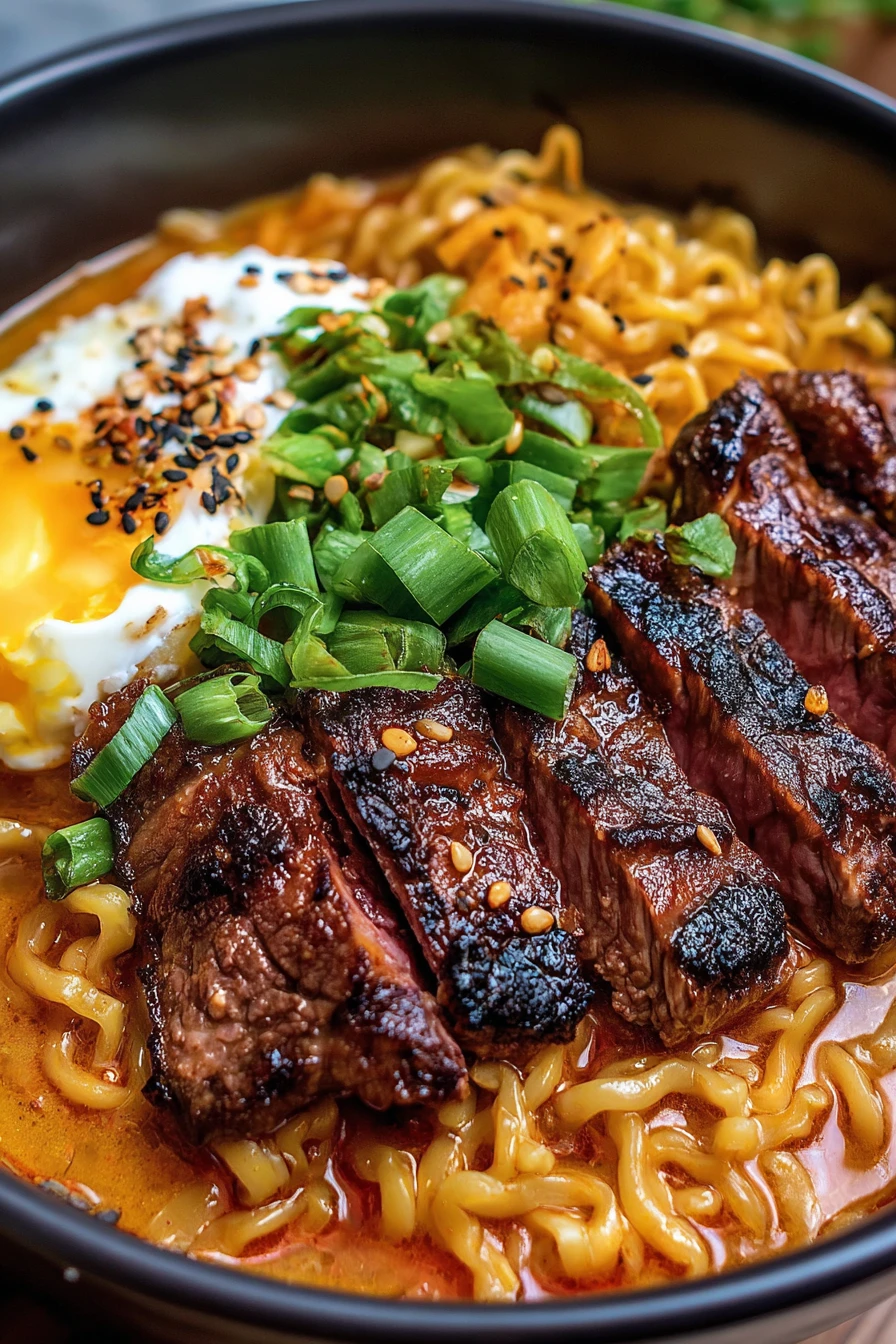 spicy Korean ramen, grilled beef, creamy sauce, flavorful, savory, satisfying sensation