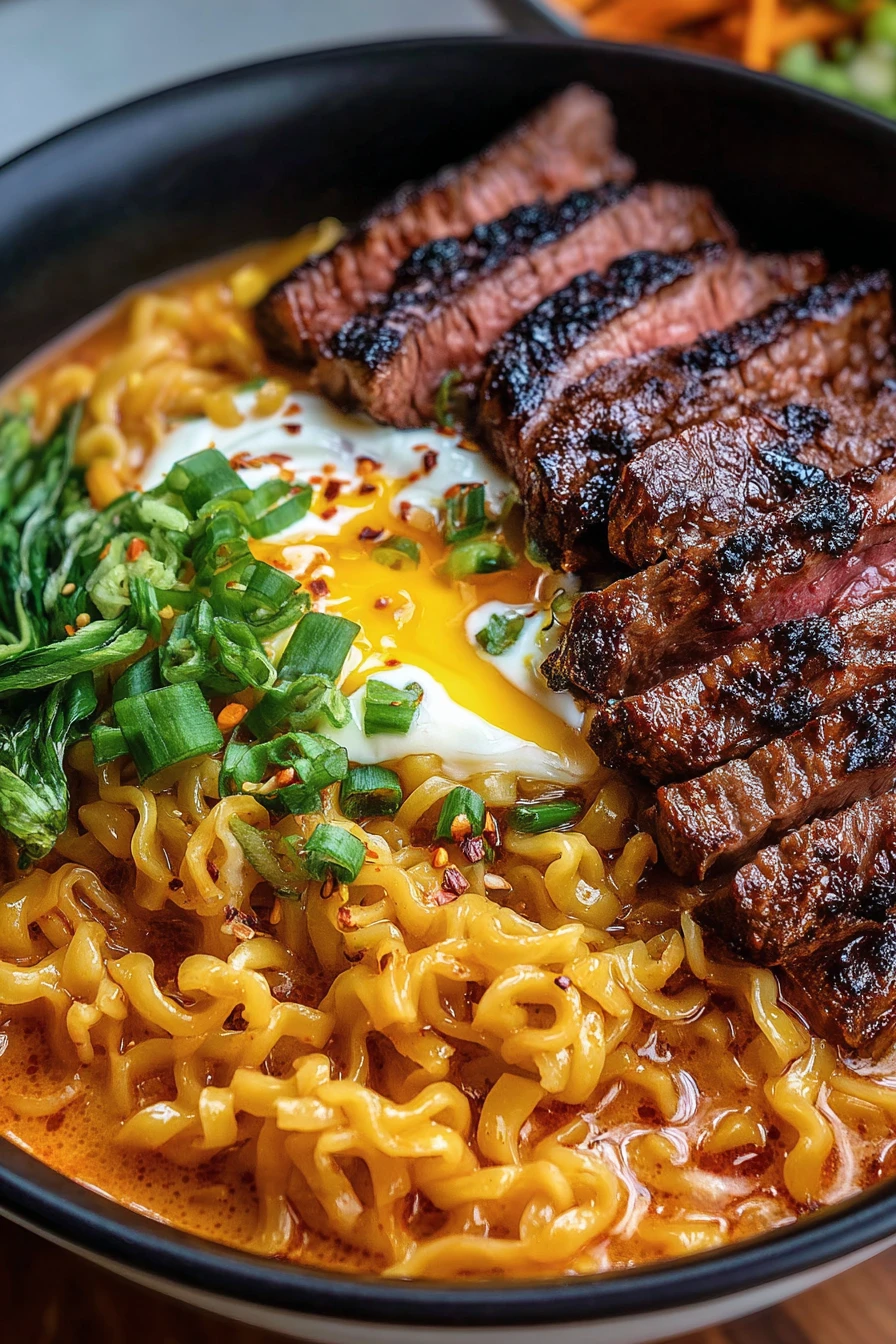 spicy Korean ramen, grilled beef, creamy sauce, flavorful, savory, satisfying sensation