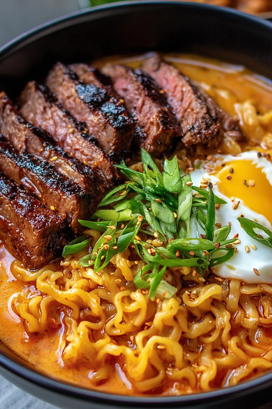 spicy Korean ramen, grilled beef, creamy sauce, flavorful, savory, satisfying sensation