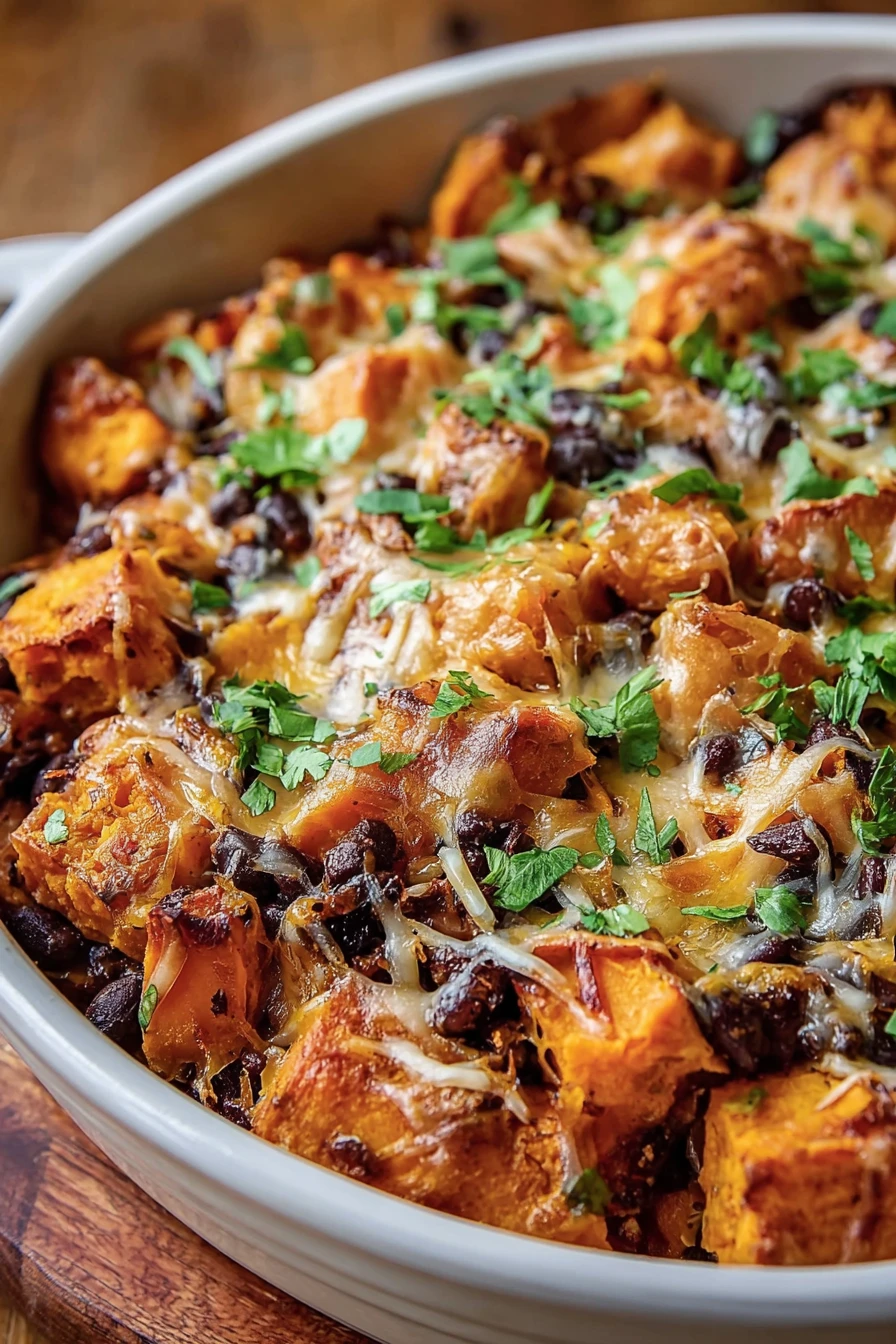 sweet potato, black bean casserole, hearty, flavorful, savory, delicious
