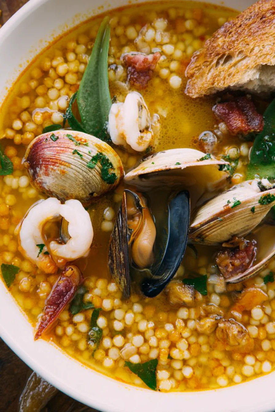 Seafood Soup with Fregula, Clams and Citrus