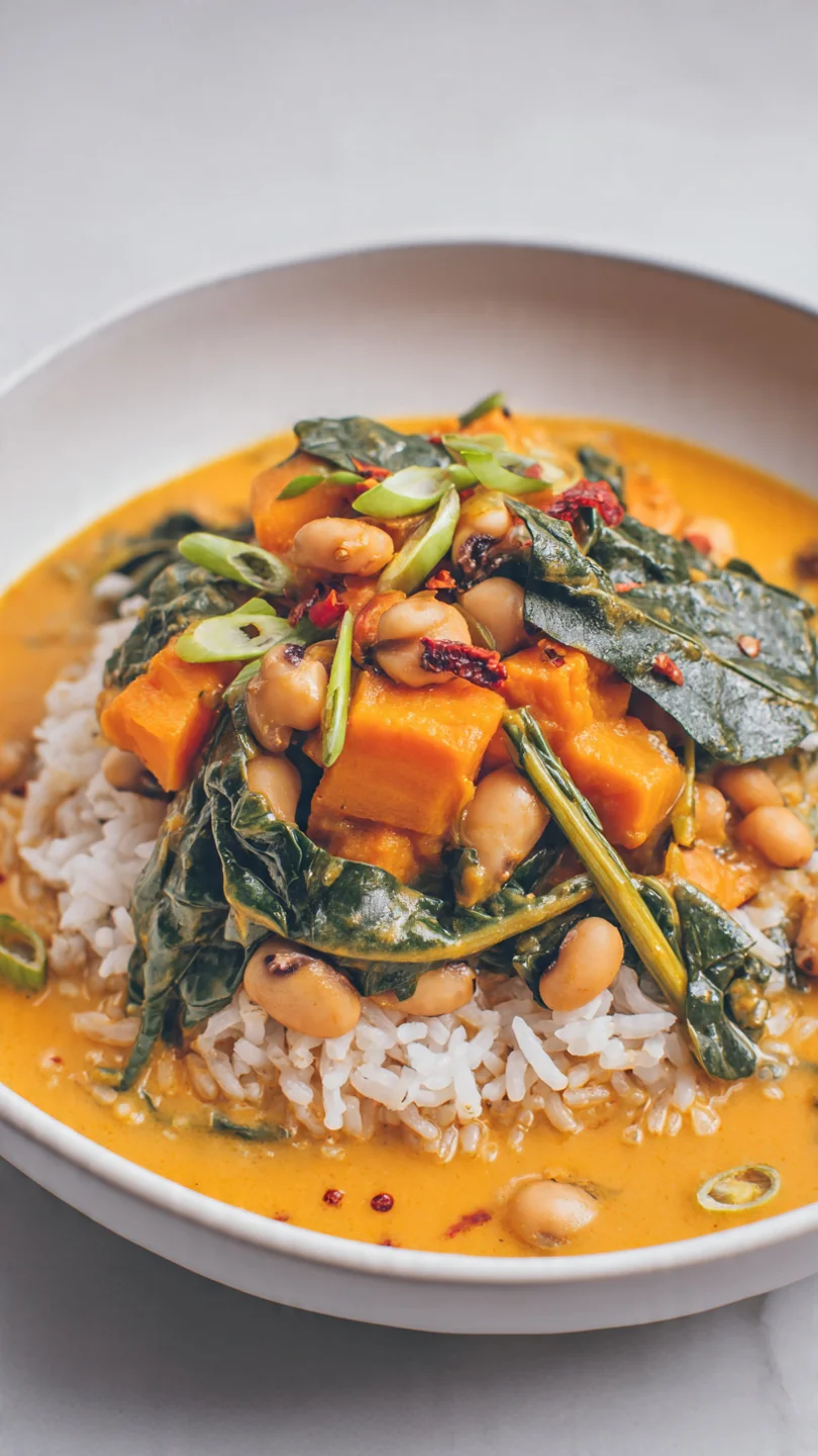 Sweet Potato-Coconut Curry With Black-Eyed Peas & Collard Greens - Image 1