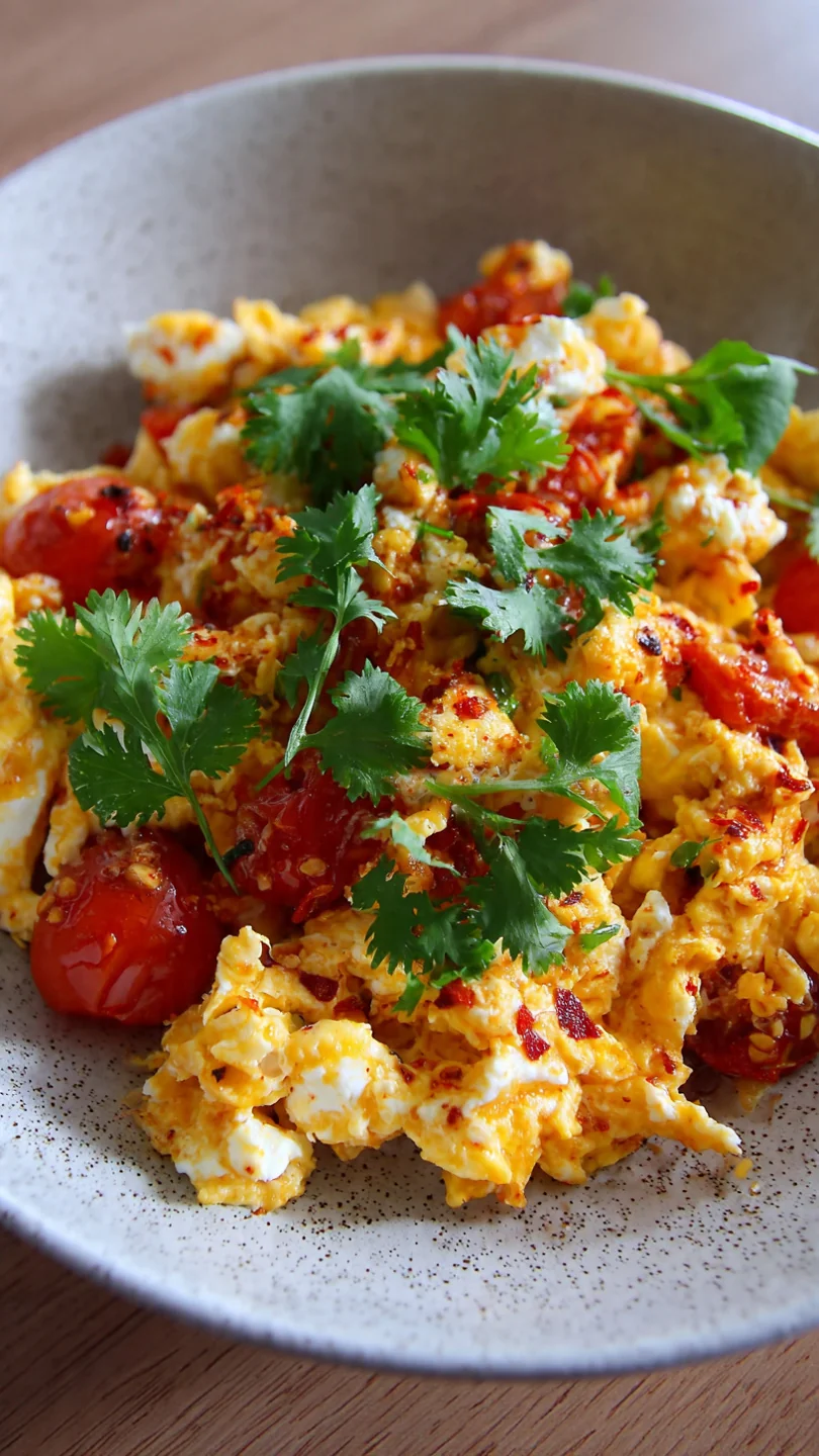 Chilli Scrambled Eggs With Goat'S Cheese, Coriander And Tomato - Image 1