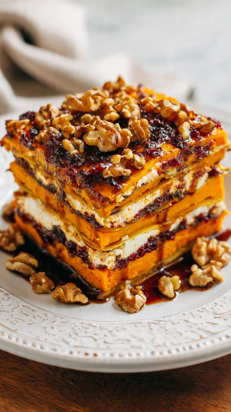 Layered Sweet Potato & Butternut Squash Lasagna With Feta, Walnuts & Cranberry-Honey Glaze